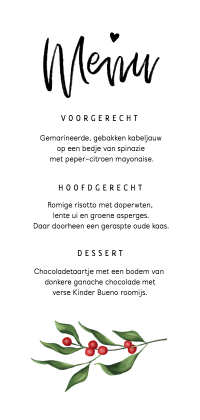 Kerstkaarten - Menukaart kerstdiner met takje en besjes