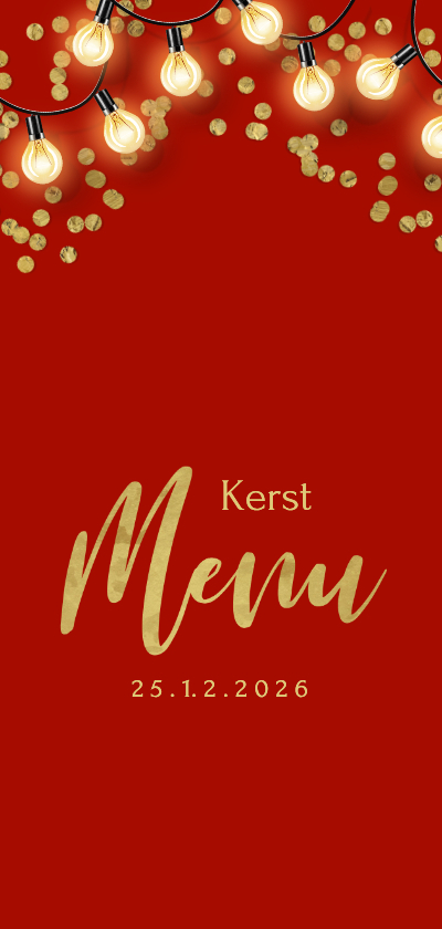 Menukaart kerstdiner rood confetti lampjes goud - Kerstkaarten Kerstkaarten - Menukaart kerstdiner rood confetti lampjes goud