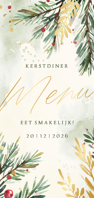 Kerstkaarten - Menukaart kerstdiner waterverf kersttakjes met goud