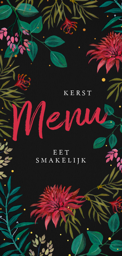 Kerstkaarten - Menukaart met rode bloemen voor een sfeervol kerstdiner