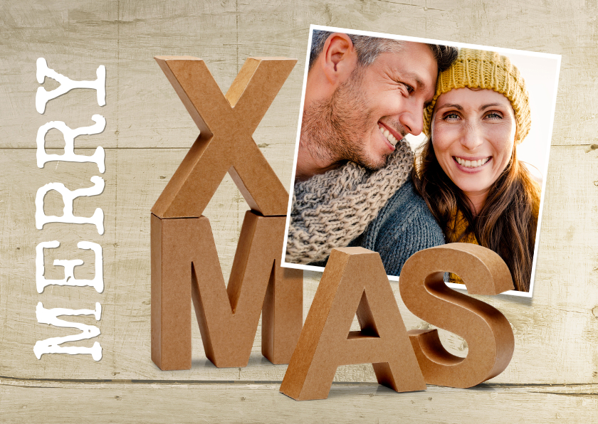 Merry XMas kraft letters met eigen foto op houtlook - Kerstkaarten Kerstkaarten - Merry XMas kraft letters met eigen foto op houtlook