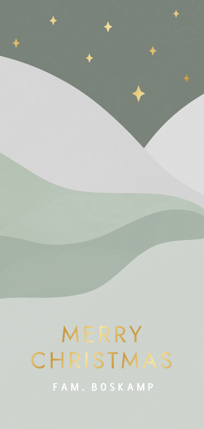 Minimalistische groene kerstkaart met landschap en sterren - Kerstkaarten Kerstkaarten - Minimalistische groene kerstkaart met landschap en sterren