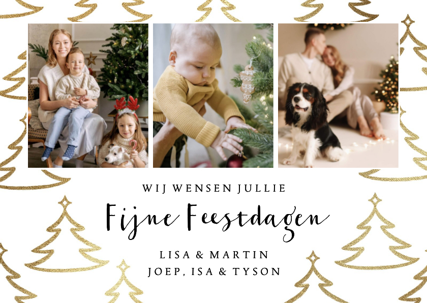 Minimalistische kerstkaart fotocollage kerstbomen goudlook - Kerstkaarten Kerstkaarten - Minimalistische kerstkaart fotocollage kerstbomen goudlook