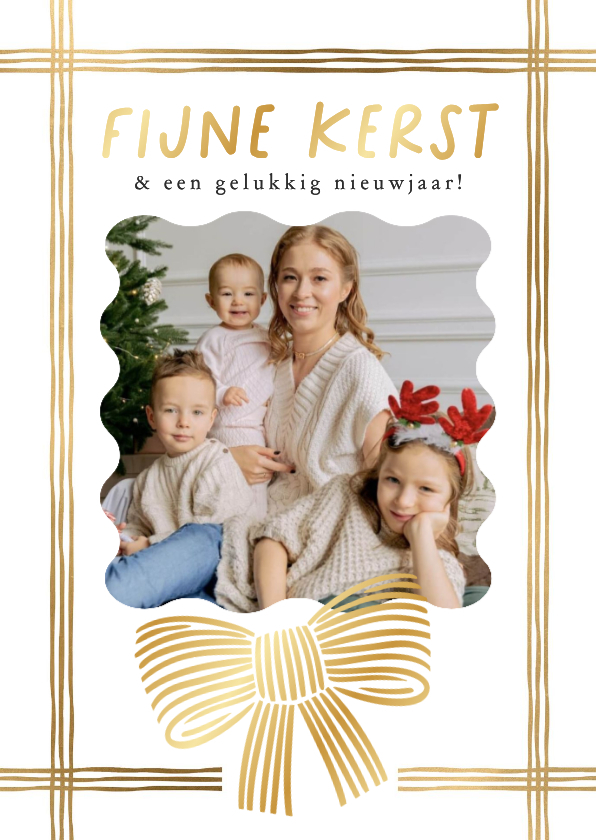 Minimalistische kerstkaart lint strik lijntekening goud foto - Kerstkaarten Kerstkaarten - Minimalistische kerstkaart lint strik lijntekening goud foto