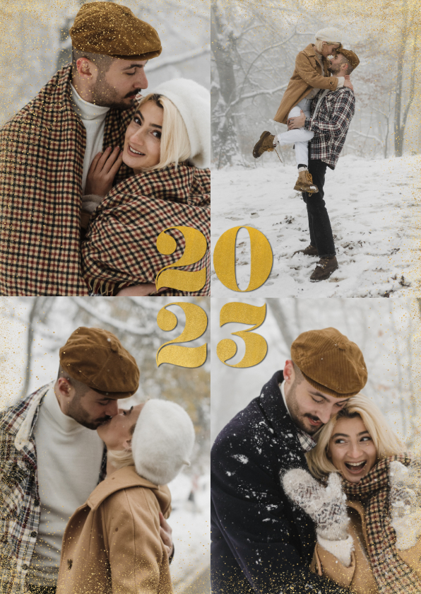Minimalistische kerstkaart met eigen fotos en gouden 2023 - Kerstkaarten Kerstkaarten - Minimalistische kerstkaart met eigen fotos en gouden 2023