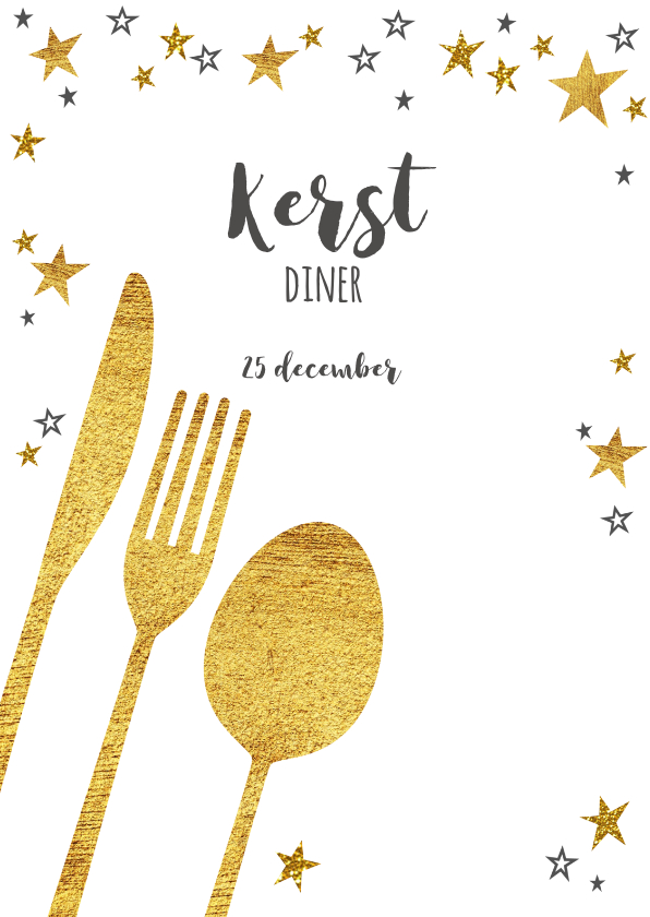 Moderne kerst menukaart goud bestek en sterren - Kerstkaarten Kerstkaarten - Moderne kerst menukaart goud bestek en sterren