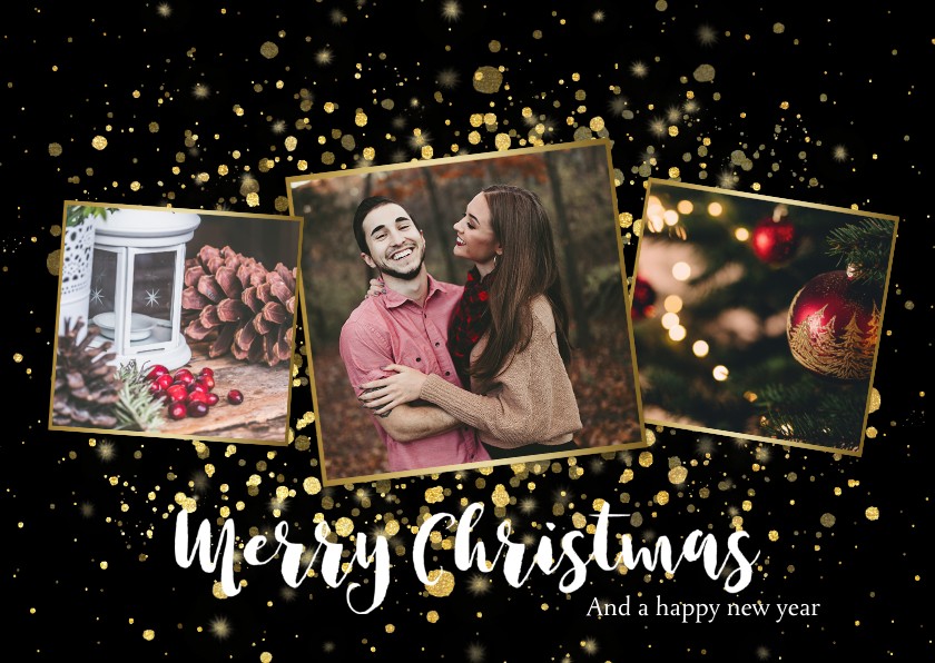 Moderne kerstkaart fotocollage met gouden confetti - Kerstkaarten Kerstkaarten - Moderne kerstkaart fotocollage met gouden confetti