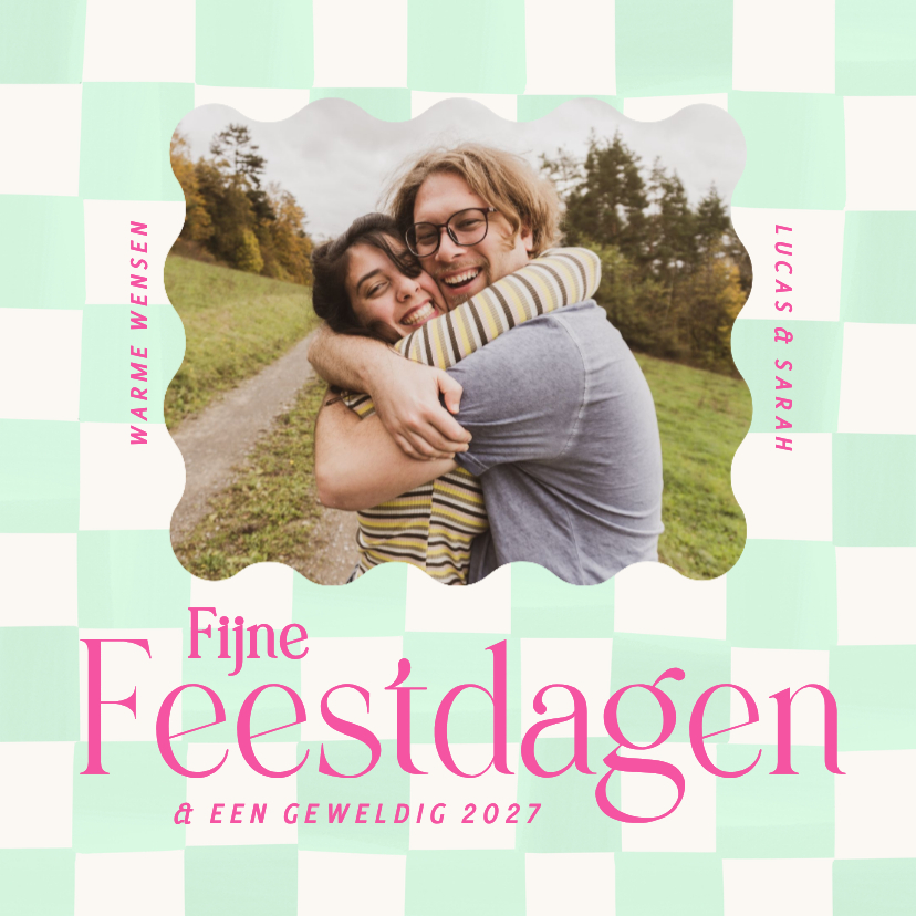 Moderne kerstkaart groene blokjes met foto en roze - Kerstkaarten Kerstkaarten - Moderne kerstkaart groene blokjes met foto en roze