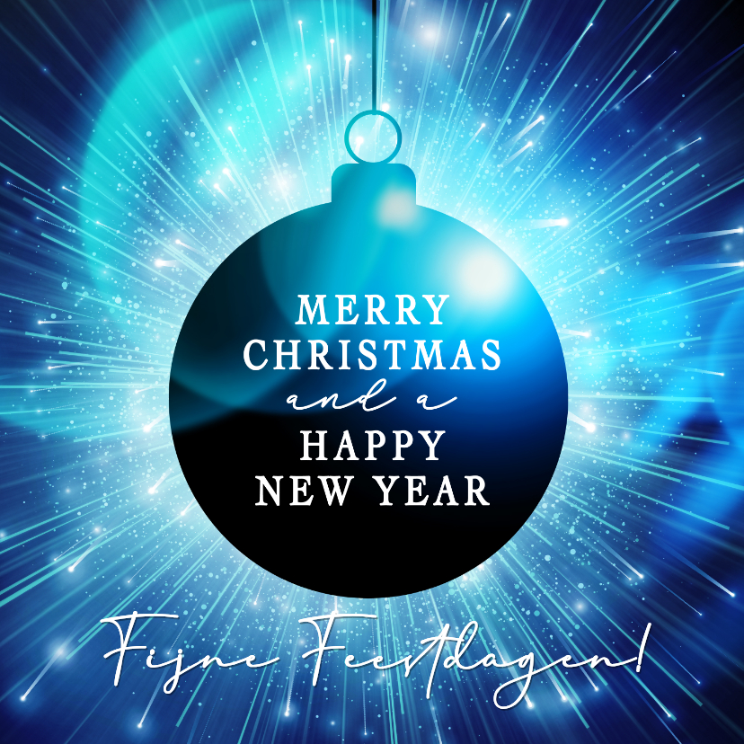 Moderne kerstkaart in blauw met kerstbal en licht - Kerstkaarten Kerstkaarten - Moderne kerstkaart in blauw met kerstbal en licht