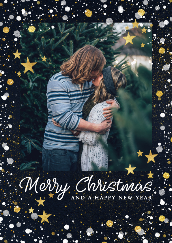Moderne kerstkaart met foto, gouden confetti en sterren - Kerstkaarten Kerstkaarten - Moderne kerstkaart met foto, gouden confetti en sterren