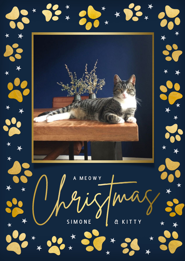 Moderne kerstkaart met gouden pootafdrukjes en foto kat - Kerstkaarten Kerstkaarten - Moderne kerstkaart met gouden pootafdrukjes en foto kat