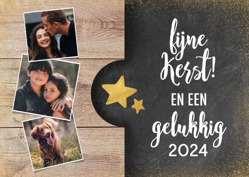 Moderne kerstkaart met hout, krijtbord, foto's en typografie - Kerstkaarten Kerstkaarten - Moderne kerstkaart met hout, krijtbord, foto's en typografie
