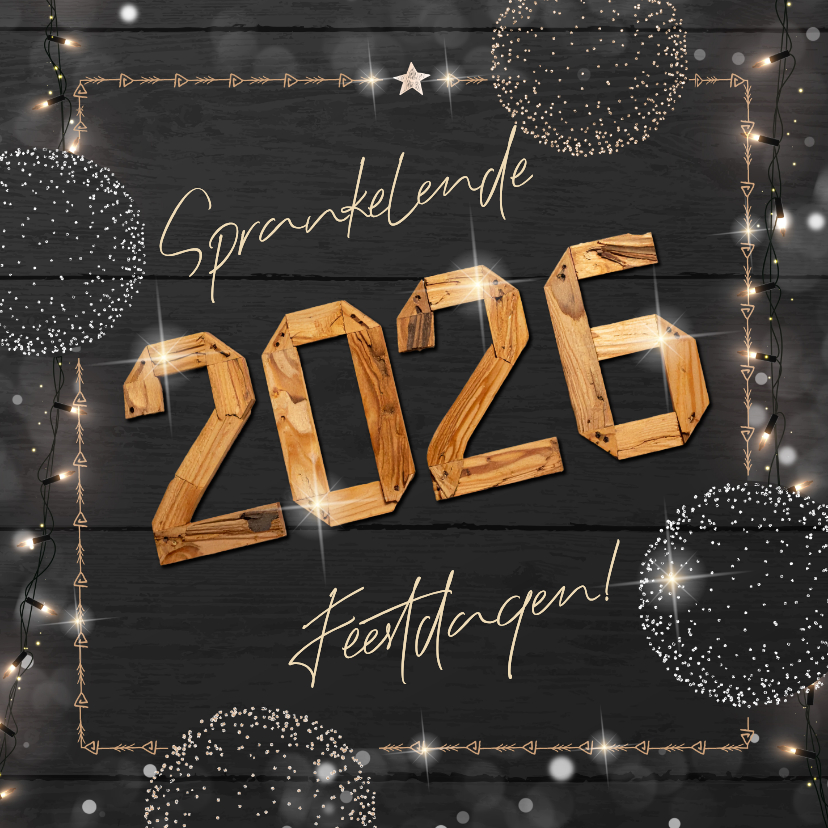 Kerstkaarten - Moderne kerstkaart met houten jaartal en frame van lichtjes