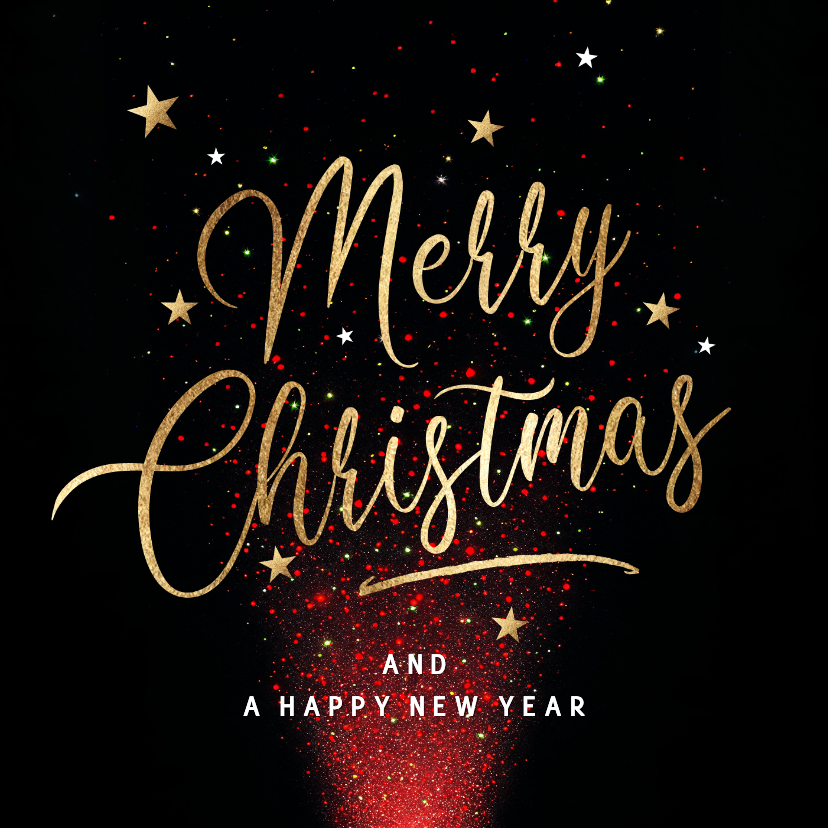 Kerstkaarten - Moderne kerstkaart met rode lichtjes en gouden tekst