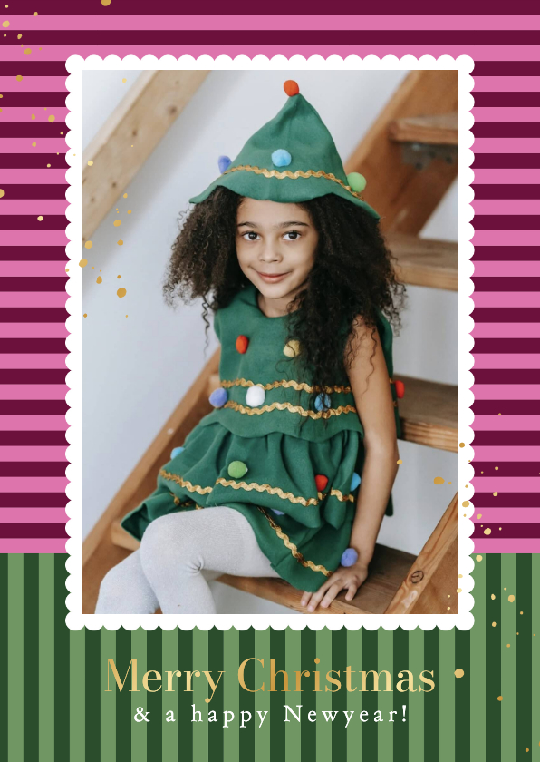 Moderne kerstkaart streeppatroon foto kader kleurrijk goud - Kerstkaarten Kerstkaarten - Moderne kerstkaart streeppatroon foto kader kleurrijk goud