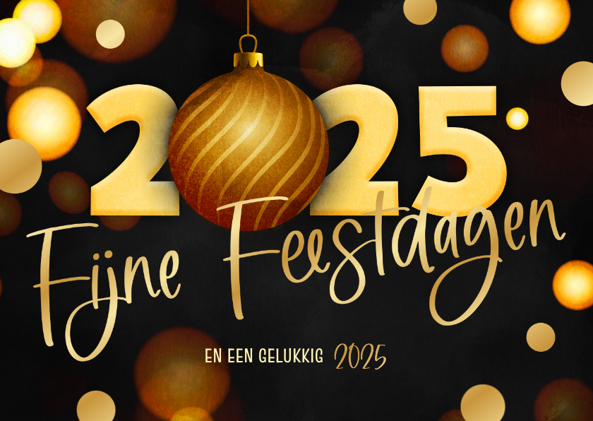 Moderne kerstkaart zwart 2025 kerstbal goud Kaartje2go