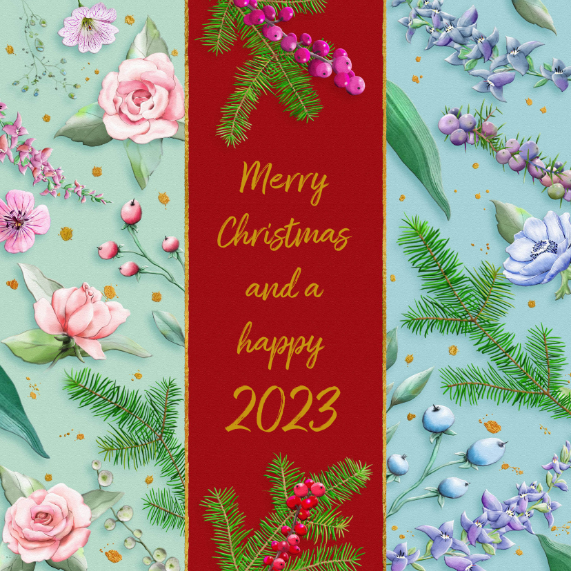 Mooie kerstkaart met bloemen en diverse takjes op kleurbanen - Kerstkaarten Kerstkaarten - Mooie kerstkaart met bloemen en diverse takjes op kleurbanen