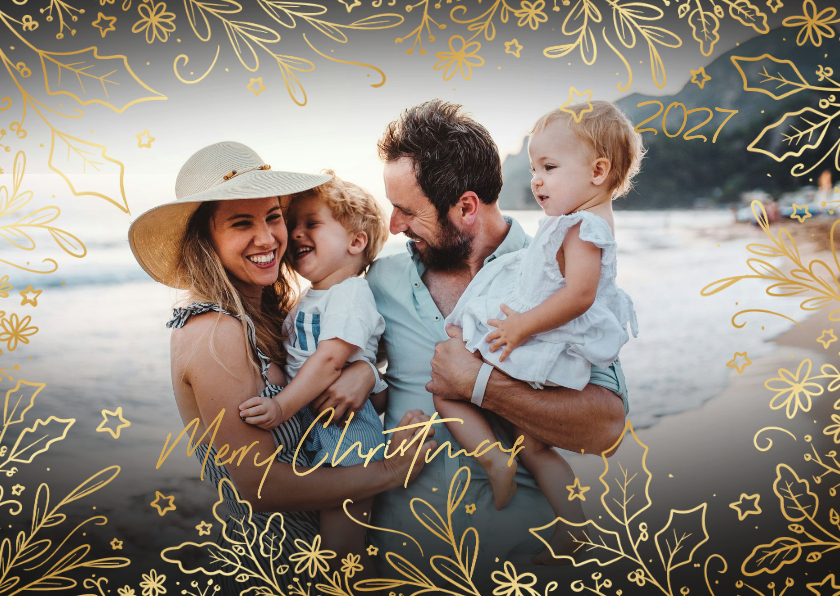 Mooie kerstkaart met sierlijke takjes in goud en foto - Kerstkaarten Kerstkaarten - Mooie kerstkaart met sierlijke takjes in goud en foto