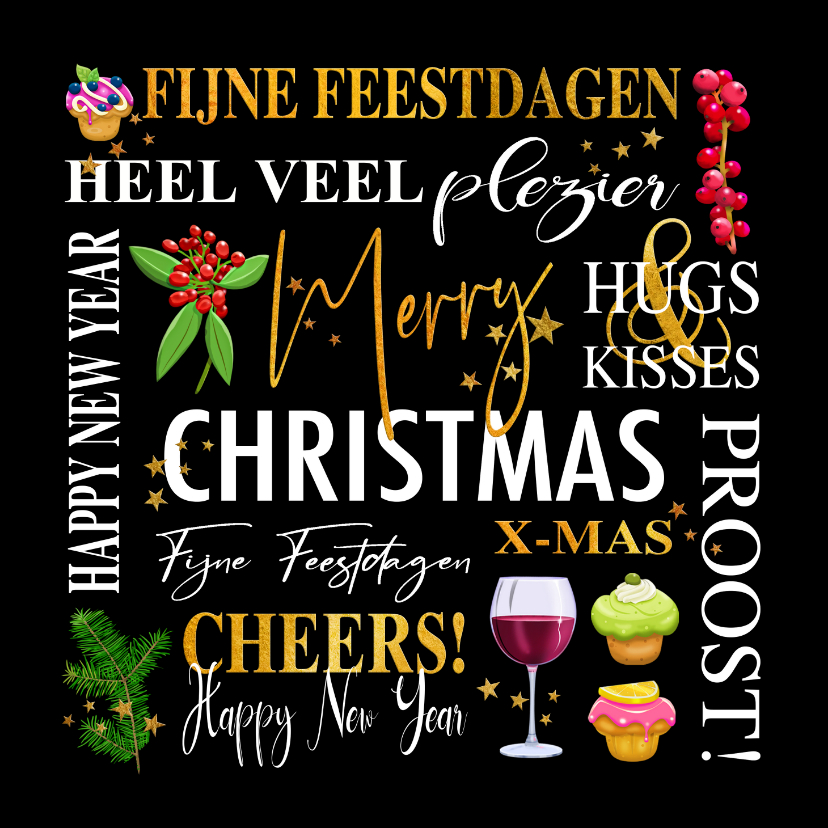 Mooie kerstkaart met teksten. takjes, gebak en wijn - Kerstkaarten Kerstkaarten - Mooie kerstkaart met teksten. takjes, gebak en wijn