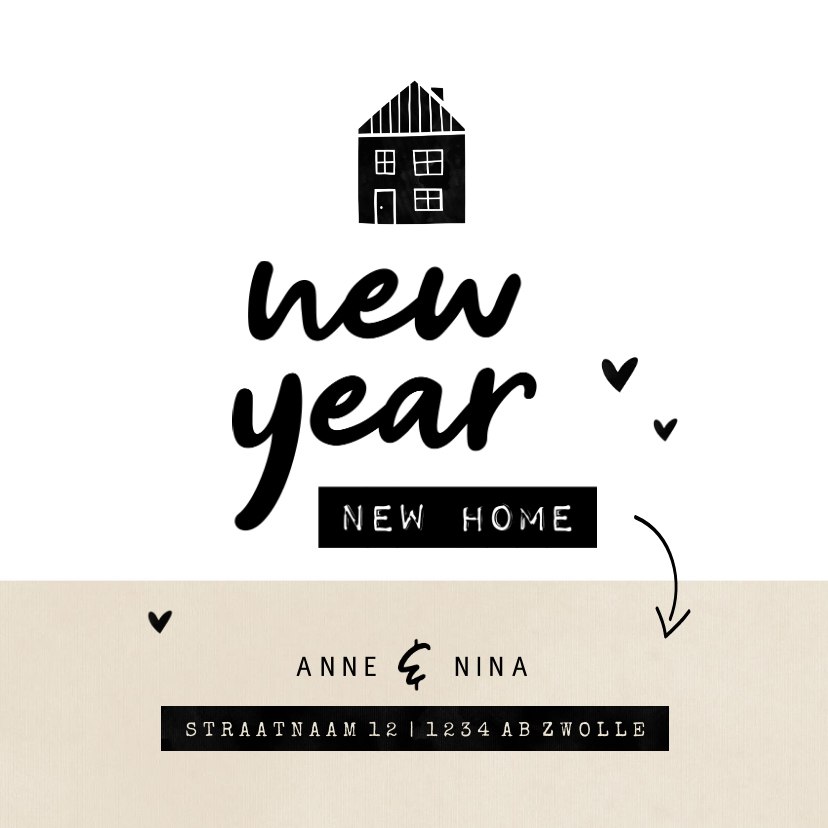 New year new home huisje kraft met hartjes - Kerstkaarten Kerstkaarten - New year new home huisje kraft met hartjes