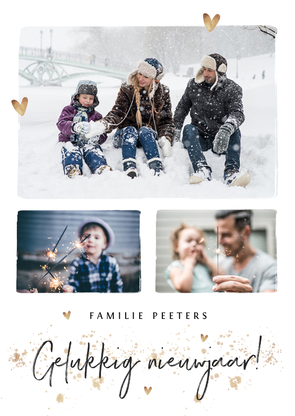 Nieuwjaarskaart met fotocollage en goudlook hartjes - Kerstkaarten Kerstkaarten - Nieuwjaarskaart met fotocollage en goudlook hartjes