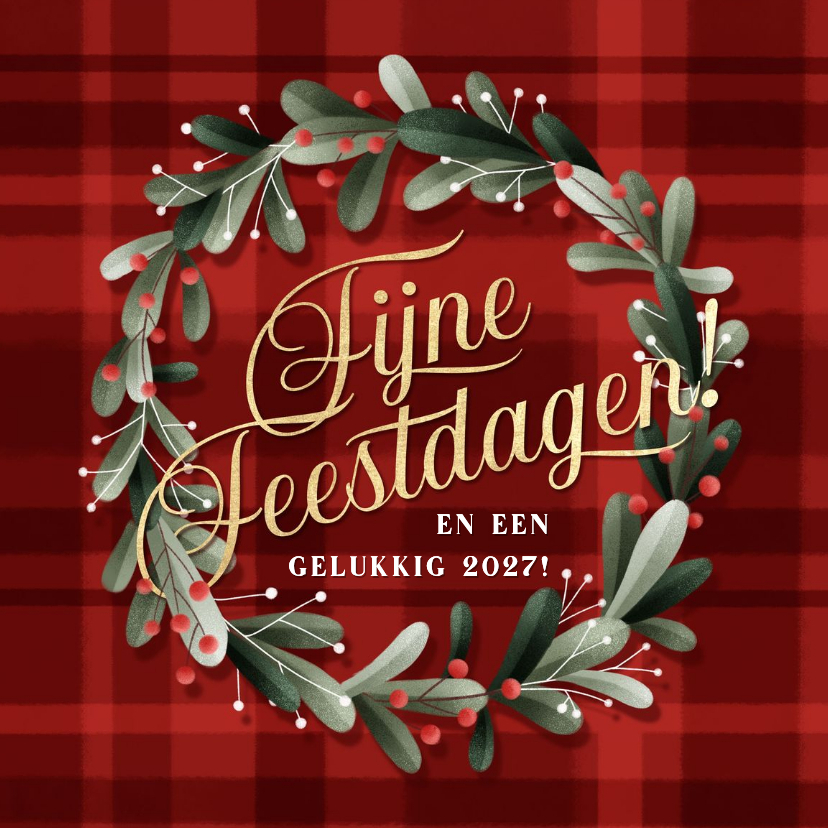 Nostalgisch kerstkaartje kerstkrans en ruitjes achtergrond - Kerstkaarten Kerstkaarten - Nostalgisch kerstkaartje kerstkrans en ruitjes achtergrond