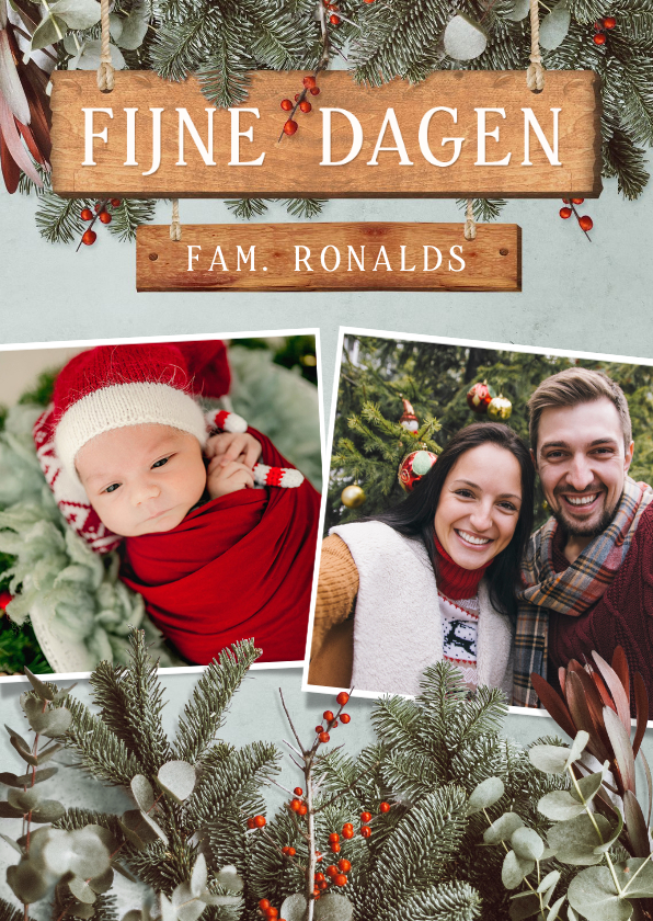 Nostalgische staande kerstkaart met kersttakjes en foto's - Kerstkaarten Kerstkaarten - Nostalgische staande kerstkaart met kersttakjes en foto's