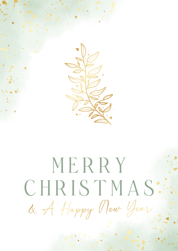 Kerstkaarten - Originele kerstkaart met groene waterverf en gouden takje