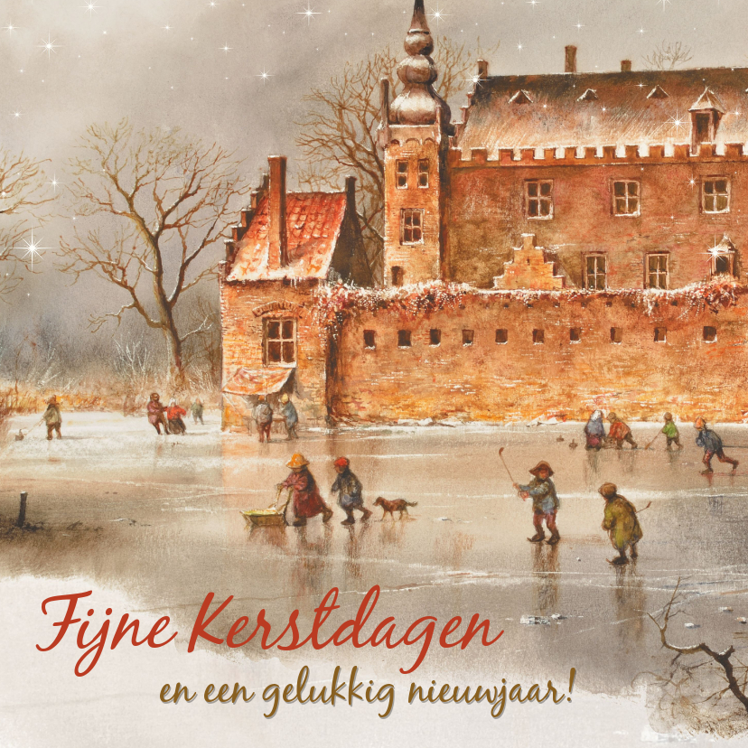 Kerstkaarten - Oudhollandse kerstkaart met kasteel in wintertijd