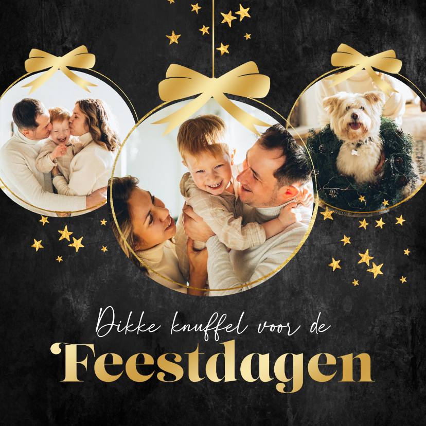 Persoonlijke kerstkaart kerstballen foto goud strik sterren - Kerstkaarten Kerstkaarten - Persoonlijke kerstkaart kerstballen foto goud strik sterren