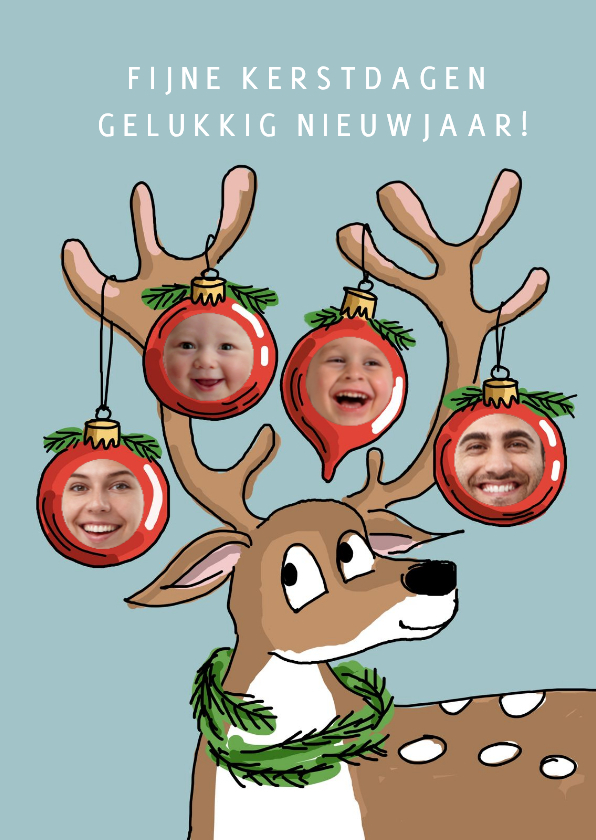 Rendier met 4 kerstballen en 4 foto's - Kerstkaarten Kerstkaarten - Rendier met 4 kerstballen en 4 foto's