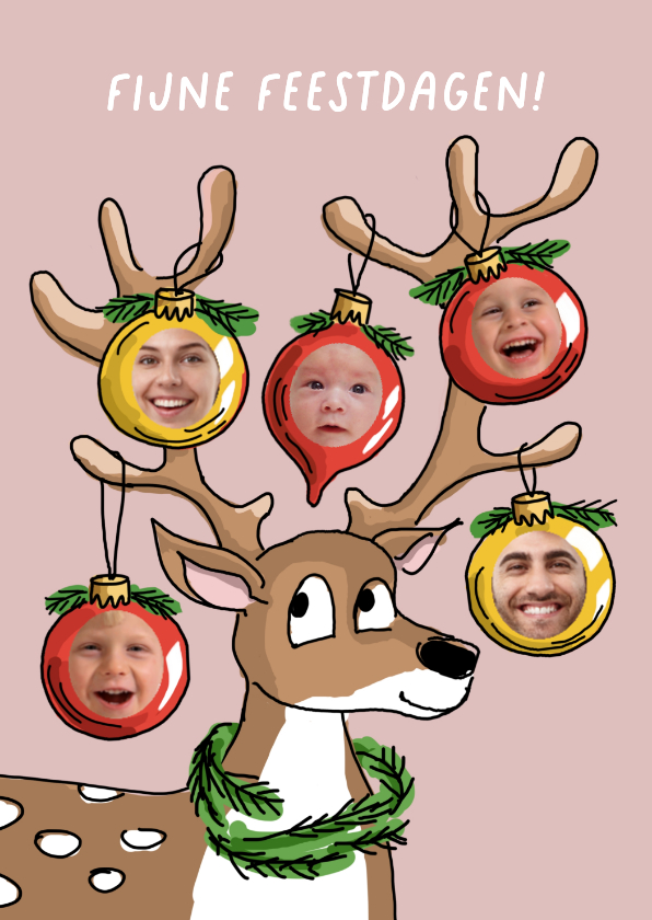 Kerstkaarten - Rendier met 5 kerstballen en 5 foto's