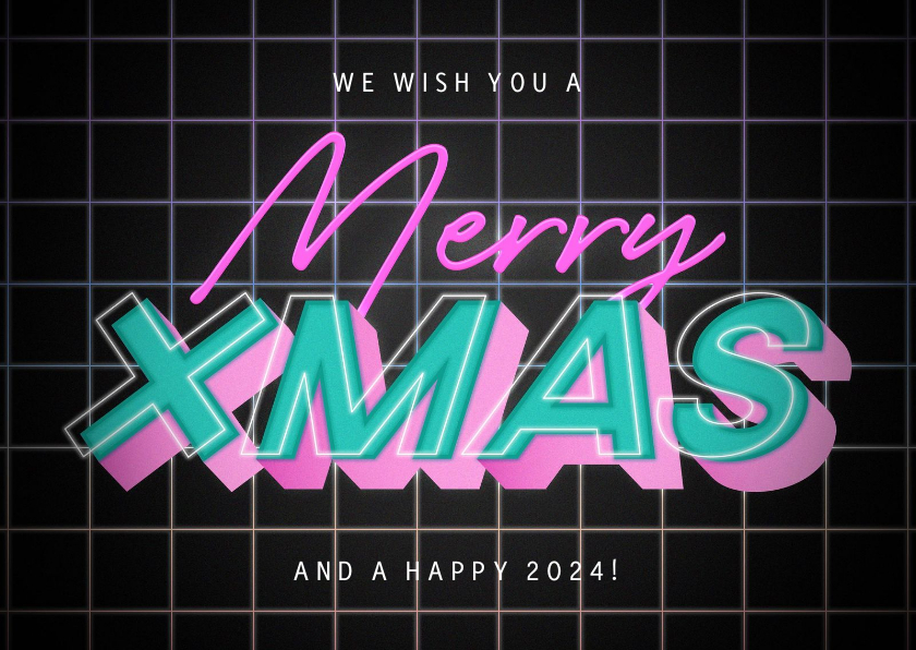 Kerstkaarten - Retro kerstkaart Merry Christmas vrolijke neon typografie