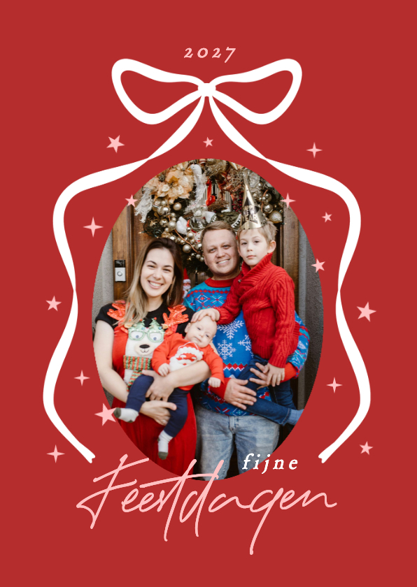 Rode foto kerstkaarten met grote strik en sterren - Kerstkaarten Kerstkaarten - Rode foto kerstkaarten met grote strik en sterren