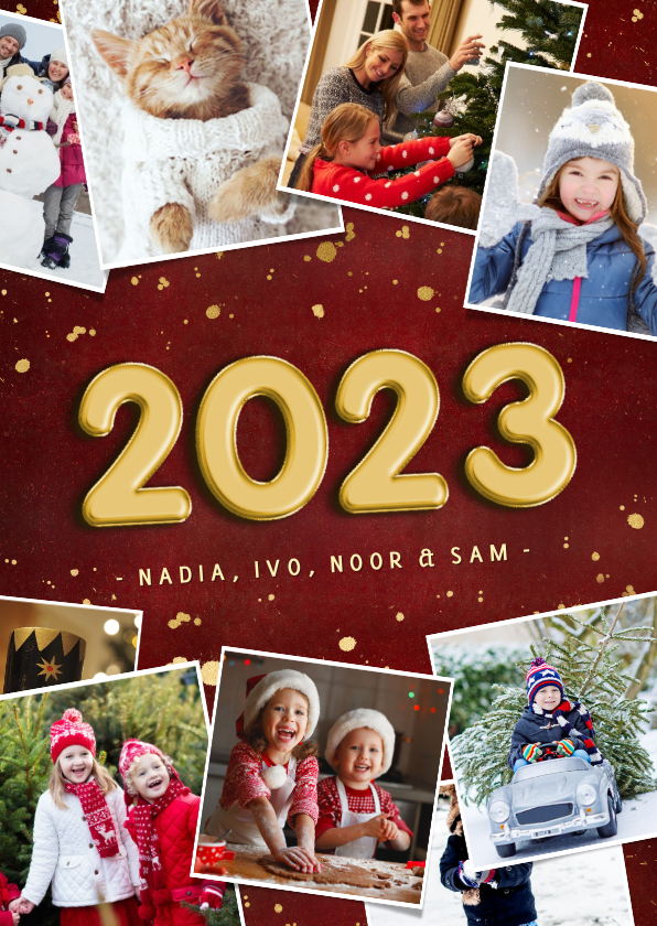 Rode fotocollage kerstkaart met jaartal 2022 stijlvol - Kerstkaarten Kerstkaarten - Rode fotocollage kerstkaart met jaartal 2022 stijlvol