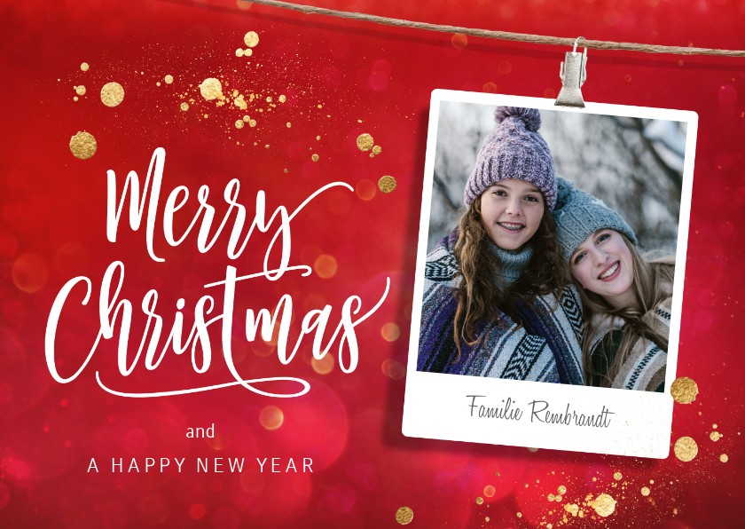 Rode kerstkaart met foto aan koord - Kerstkaarten Kerstkaarten - Rode kerstkaart met foto aan koord