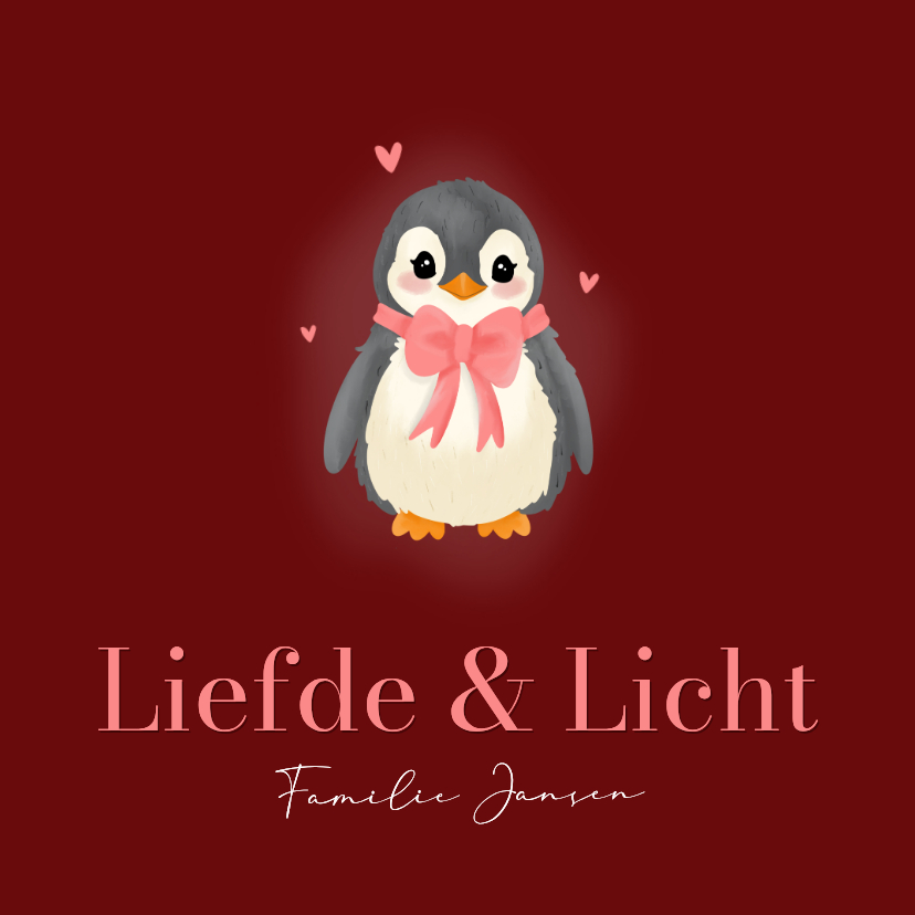 Rode kerstkaart met schattige pinguin met strikje - Kerstkaarten Kerstkaarten - Rode kerstkaart met schattige pinguin met strikje