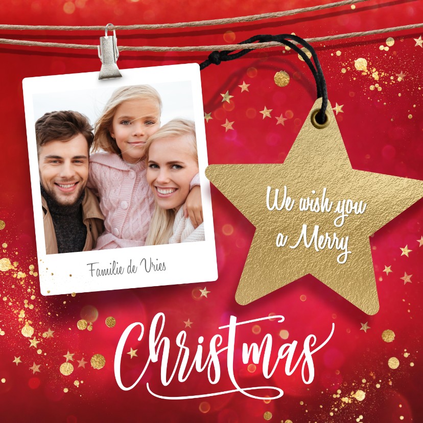 Rode kerstkaart met ster en foto - Kerstkaarten Kerstkaarten - Rode kerstkaart met ster en foto