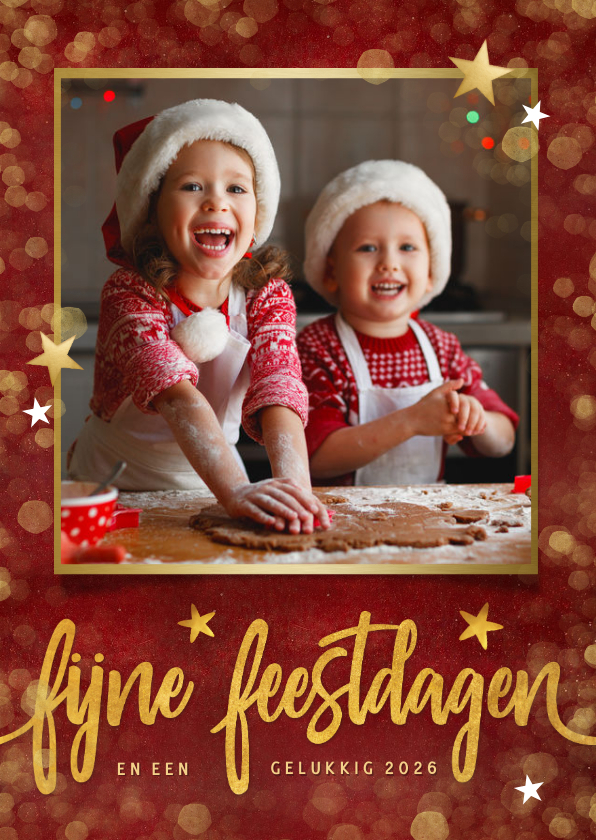 Rode warme kerstkaart met eigen foto en gouden sterren - Kerstkaarten Kerstkaarten - Rode warme kerstkaart met eigen foto en gouden sterren