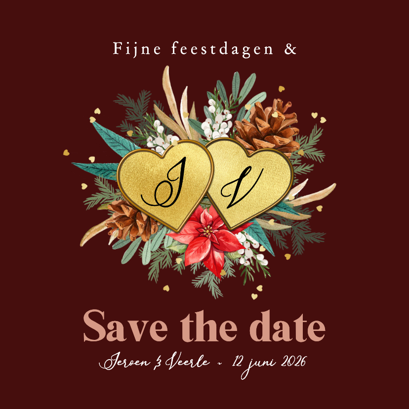 Kerstkaarten - Romantische kerst save the date botanisch harten goud