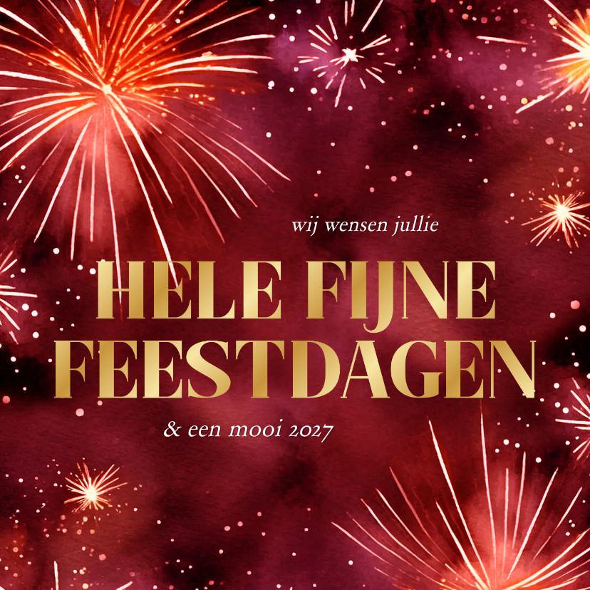 Rood kerstkaartje met vuurwerk en gouden tekst - Kerstkaarten Kerstkaarten - Rood kerstkaartje met vuurwerk en gouden tekst