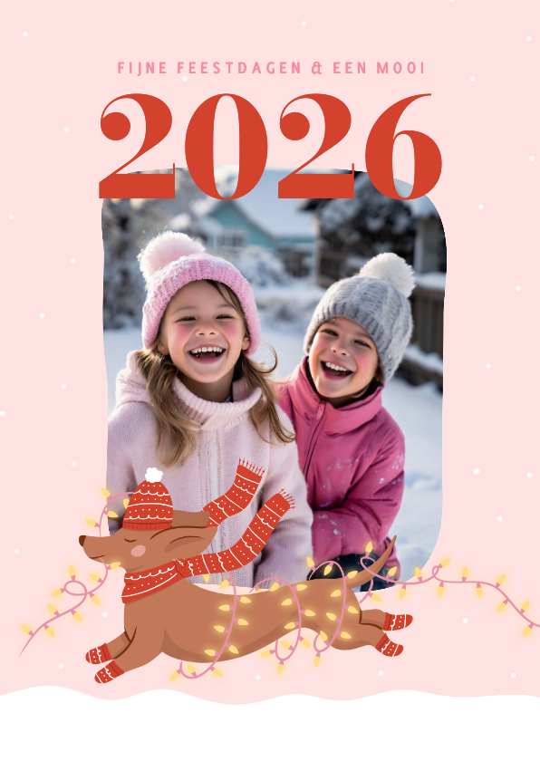 Roze fotokaart kerst met teckel met kerstlampjes 2027 - Kerstkaarten Kerstkaarten - Roze fotokaart kerst met teckel met kerstlampjes 2027
