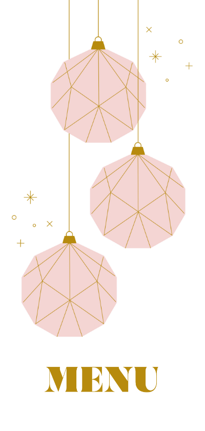Kerstkaarten - Roze kerst menukaart met papieren kerstballen en sterren