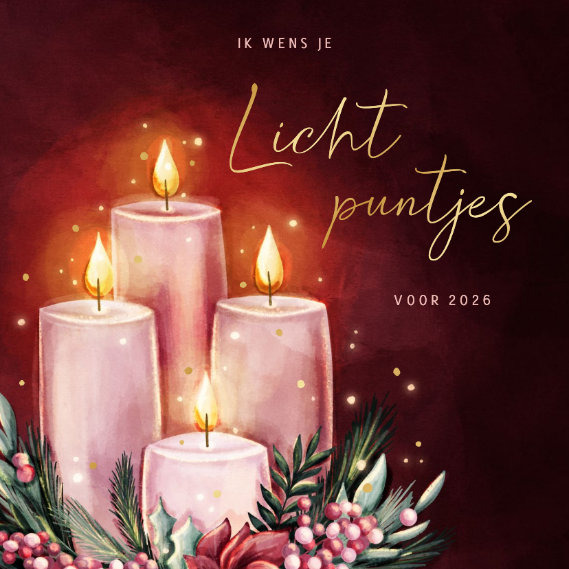 Kerstkaarten - Roze kerstkaart lichtpuntjes voor 2027 met kaarsen