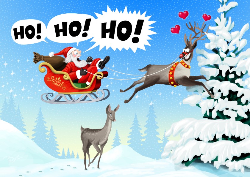 Rudolph en Santa vliegen tegen de boom - Kerstkaarten Kerstkaarten - Rudolph en Santa vliegen tegen de boom