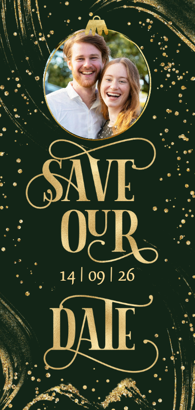 Kerstkaarten - Save the date goudlook kerst foto sierlijke typografie