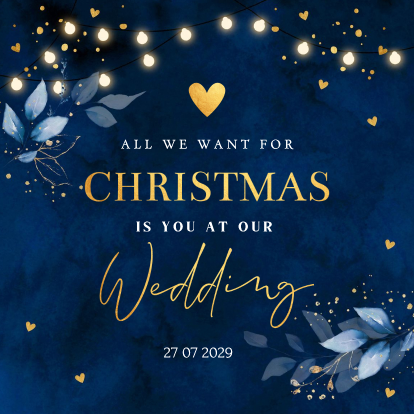 Kerstkaarten - Save the Date kerstkaart blauw botanisch goudlook
