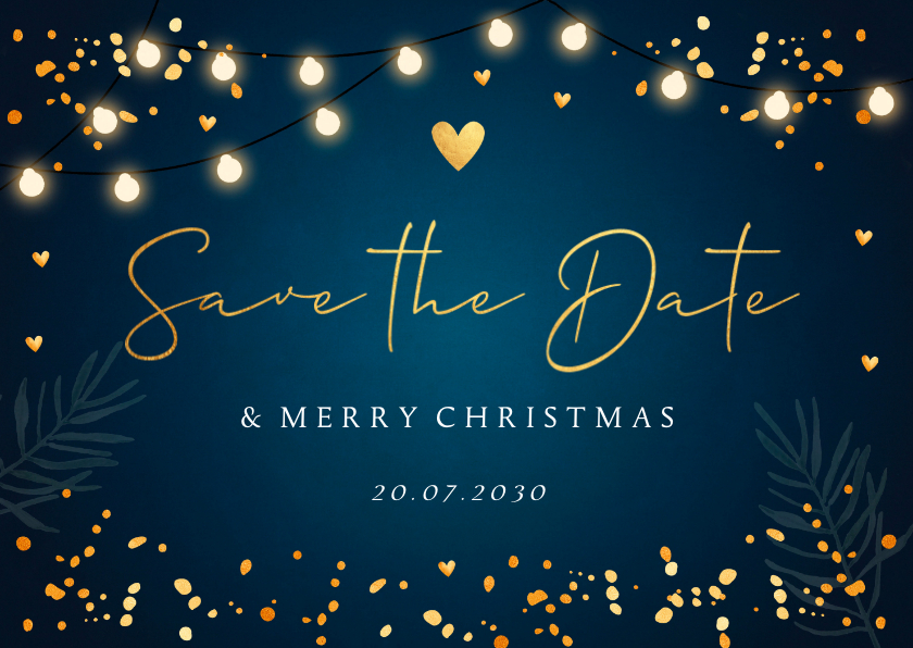Kerstkaarten - Save the Date kerstkaart blauw lampjes goudlook confetti