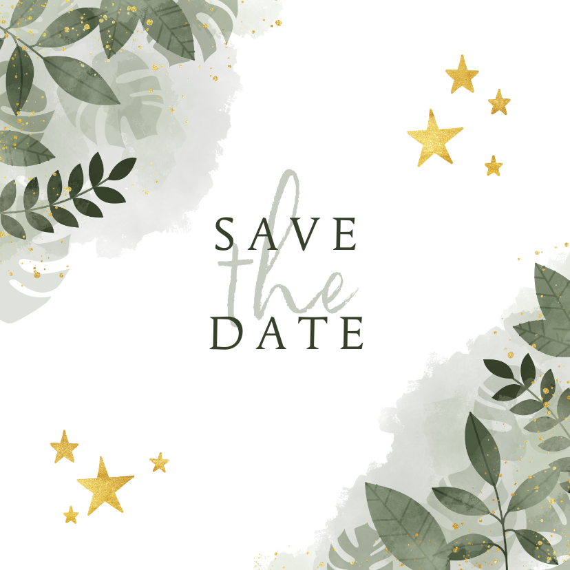 Save the date kerstkaart botanische print en gouden sterren - Kerstkaarten Kerstkaarten - Save the date kerstkaart botanische print en gouden sterren