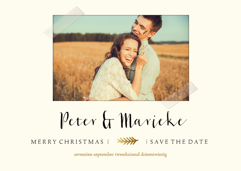 Save the date kerstkaart met foto en gouden takje - Kerstkaarten Kerstkaarten - Save the date kerstkaart met foto en gouden takje